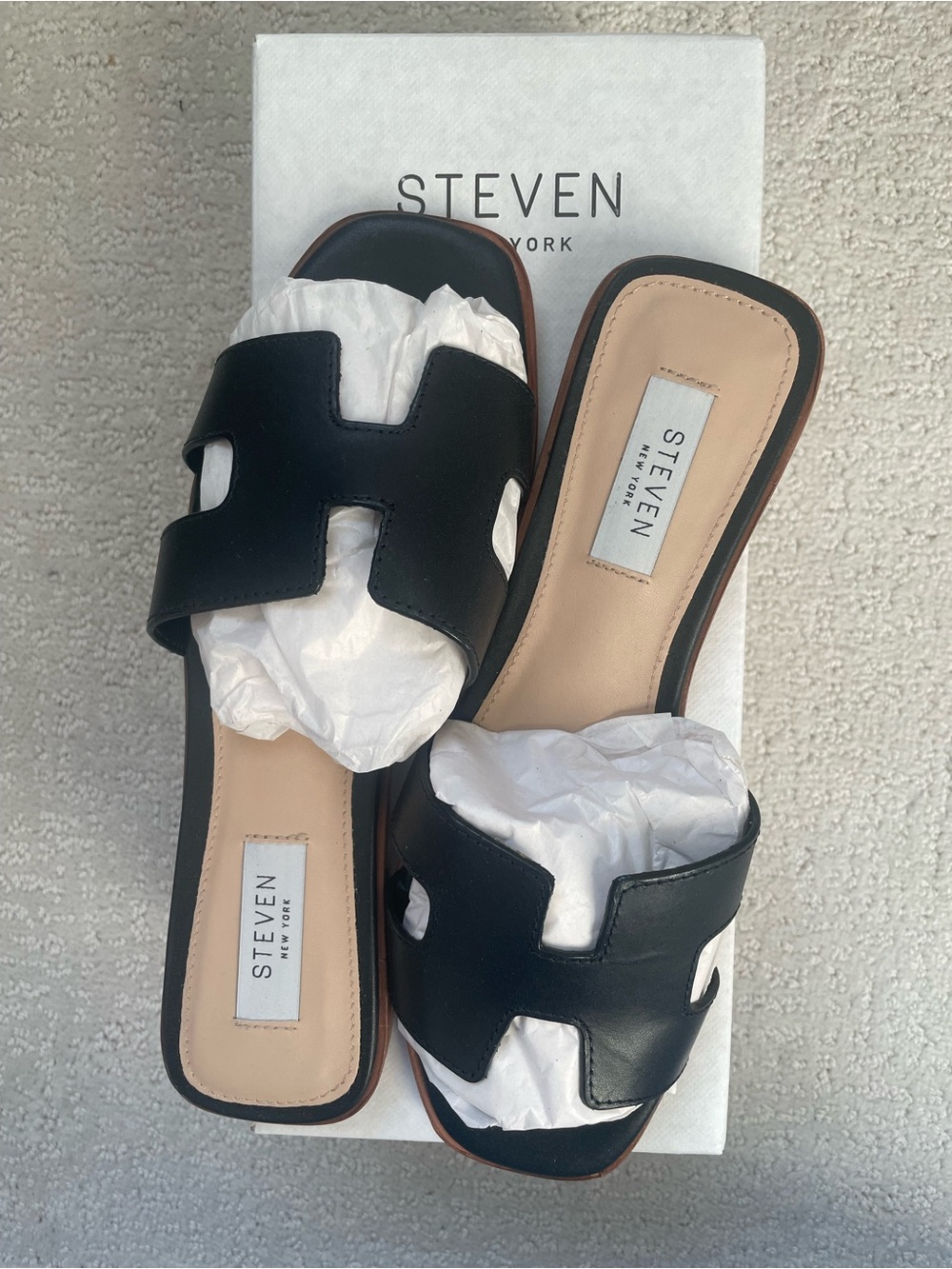 STEVEN New York Black Leather Slide Mules